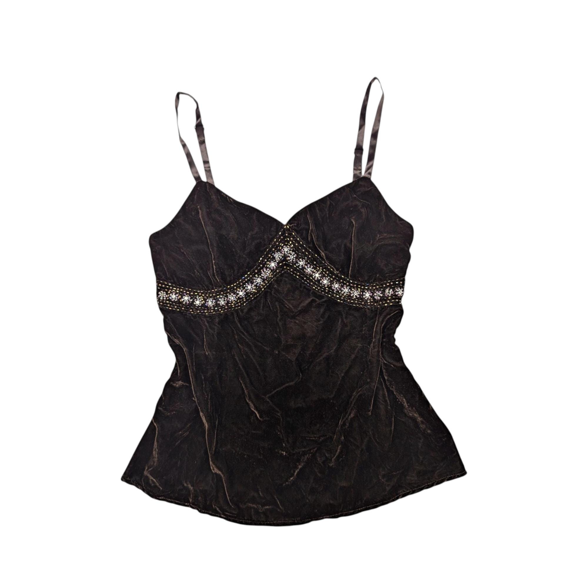 Y2K Whimsygoth Witchy Velvet Beaded Brown Babydoll Cami Top