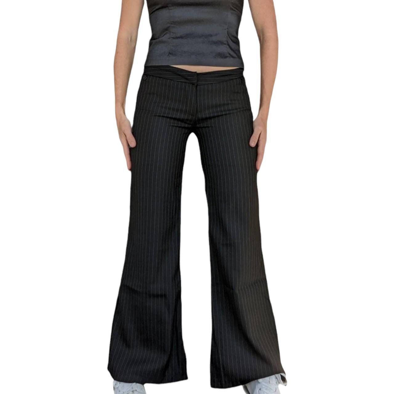 Jawbreaker High-Waisted Striped Buckle Belt Flare Pants - Black Pinstripe