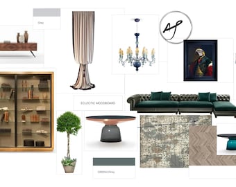 Room styling, Livingroom moodboard, online Interior design, custom e-design
