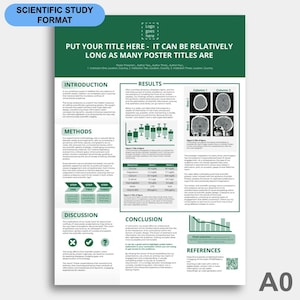 Könnte beinhalten: Eine grüne und weiße wissenschaftliche Poster-Vorlage mit dem Titel "PUT YOUR TITLE HERE - IT CAN BE RELATIVELY LONG AS MANY POSTER TITLES ARE". Das Poster enthält Abschnitte für Einleitung, Methoden, Ergebnisse, Diskussion, Schlussfolgerung und Referenzen.
