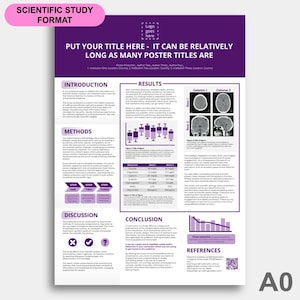 Puede incluir: Una plantilla de póster de estudio científico en morado y blanco con el título "PUT YOUR TITLE HERE - IT CAN BE RELATIVELY LONG AS MANY POSTER TITLES ARE". El póster incluye secciones para introducción, métodos, resultados, discusión, conclusión y referencias.