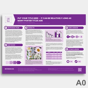 Plantilla de póster científico para Powerpoint o Google Slides DIGITAL - Morado, blanco neutro - Conferencia académica o de investigación - A0 horizontal