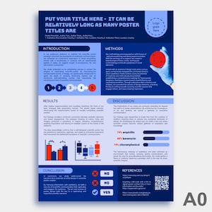 Plantilla de póster científico más íconos de PowerPoint - Google Slides DIGITAL - Azul y rojo - Para conferencias académicas o de investigación - Formato vertical A0