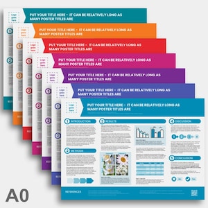 May include: A set of seven colorful poster templates with a blue, turquoise, purple, pink, red, orange, and yellow color scheme. The poster templates are designed for a scientific presentation with sections for introduction, methods, results, discussion, and conclusion. The text on the poster reads "Put your title here - it can be relatively long as many poster titles are".