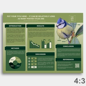 May include: A green and white poster with the title "PUT YOUR TITLE HERE - IT CAN BE RELATIVELY LONG AS MANY POSTER TITLES ARE". The poster includes sections for introduction, methods, results, discussion, conclusion, and references. A blue tit bird is also featured.