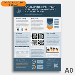 Plantilla de póster científico y plantilla de estudio de caso médico para Powerpoint o Google Slides DIGITAL - Azul marino Naranja Neutro - A0 vertical