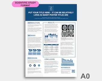 May include: A blue and white scientific study poster template with the title "PUT YOUR TITLE HERE - IT CAN BE RELATIVELY LONG AS MANY POSTER TITLES ARE". The poster is divided into sections for introduction, methods, results, discussion, conclusion, and references. The poster also includes a logo placeholder, a table, and a graph.
