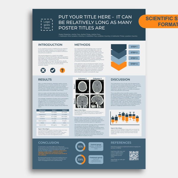 Scientific Poster Template and Medical Case Study Template for Powerpoint or Google Slides DIGITAL - Navy Blue Orange Neutral - A0 portrait