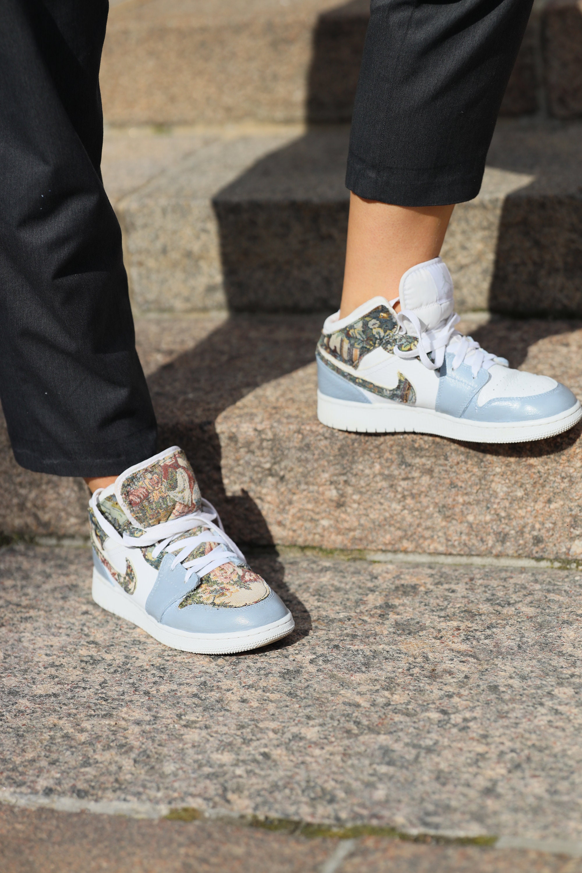 Custom Air Jordan 1 Mid Tapestry Applique Bluegrey Fabric Etsy