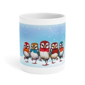Row of Christmas Baby Quetzal Birds Mug  Cute Holiday Coffee Cup, Exotic Bird Lover Gift, Festive Cocoa Tea Mug