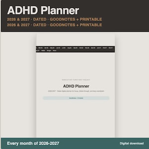 Può includere: Un'agenda ADHD per il 2026 e il 2027, con un layout digitale datato per GoodNotes e stampabile. La copertina mostra il testo Executive Function Toolkit, ADHD Planner e 2026-2027 Dated digital planner for focus, follow-through.