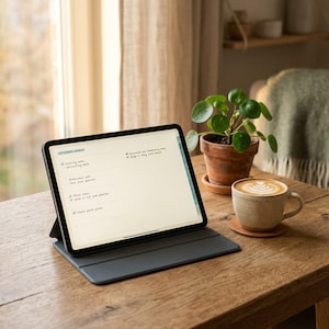 Può includere: Un tablet in una custodia pieghevole grigio scuro che mostra un'agenda settimanale digitale con il testo September Weekly. Lo schermo visualizza un elenco di attività con segni di spunta. Una tazza in ceramica con latte art e una pianta verde sono vicine.