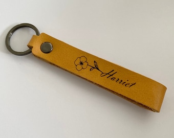 KEYCHAIN Name Birth Month Flower Keychain Personalized Flower Leather Keychain Customized Gift Handmade Gift For Her