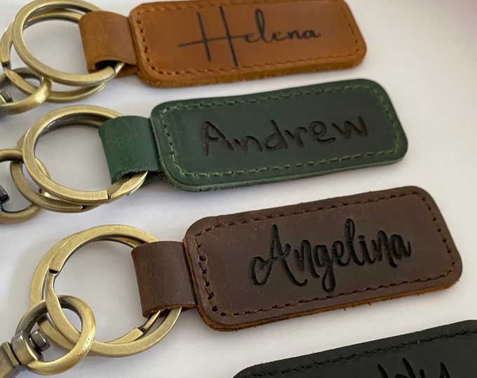Personalized Leather Name Keychain Customized Leather Keychain Genuine Leather Key Chain Engraved Keychain Key Tag Gift for her Gift for him