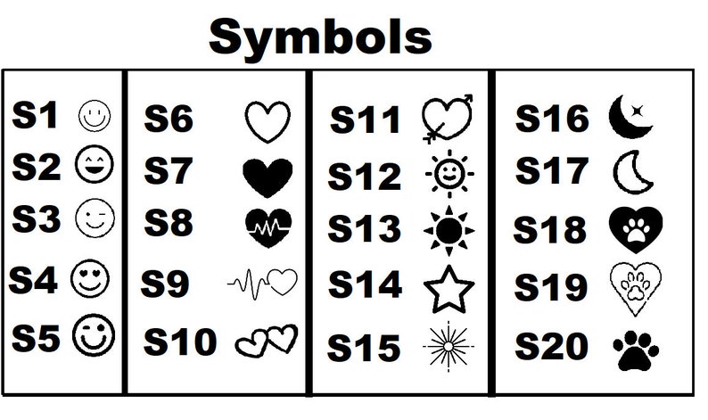 May include: A black and white chart with 20 symbols labeled S1 through S20. The symbols include a smiley face, a heart, a sun, a star, a crescent moon, and a paw print.