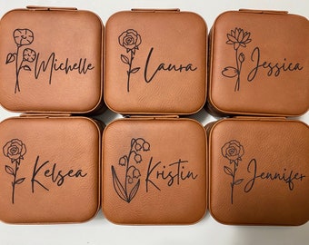 Leatherette Personalized Jewelry Box Name Birth Flower Jewellery Box Custom Jewelry Case Travel Jewelry Box Bridesmaid gifts Handmade Gifts