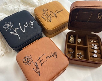 Leatherette Personalized Jewelry Box Name Birth Flower Jewellery Box Custom Jewelry Case Travel Jewelry Box Bridesmaid gifts Handmade Gifts