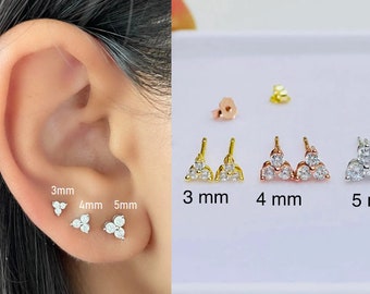 Sterling Silver Earring Flower Earring 3 Stone Trio Triangle Cluster 3 Stone Stud Cartilage Earring Cz Diamond Stud Gold Earring Silver Stud