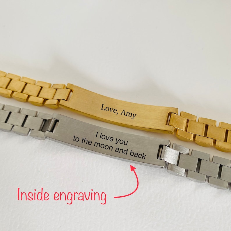 May include: Two gold and silver bracelets with engraved messages. The gold bracelet has the words "Love, Amy" engraved on it. The silver bracelet has the words "I love you to the moon and back" engraved on it.