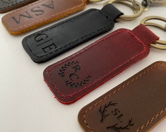 Personalized Monogram Leather Keychain Customized Leather Keychain Genuine Leather Key Chain Engraved Keychain Key Tag Gift for her him