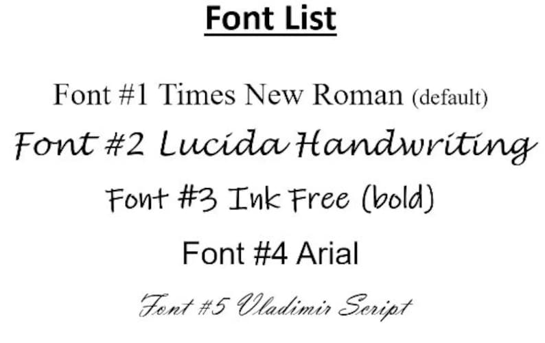 May include: A list of fonts with their names and numbers. Font #1 is Times New Roman (default), Font #2 is Lucida Handwriting, Font #3 is Ink Free (bold), Font #4 is Arial, and Font #5 is Vladimir Script.