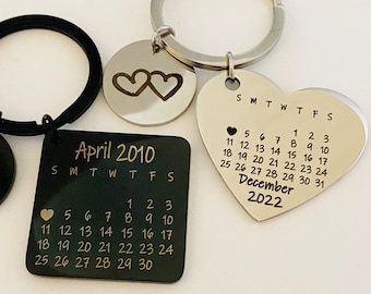 Porte-clés calendrier coeur personnalisé Porte-clés gravé Porte-clés date personnalisé Porte-clés en métal personnalisé, cadeau d'anniversaire pour lui, cadeau fait main