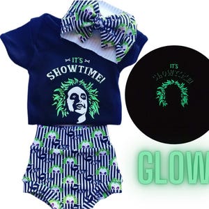 Halloween Black and White Stripe Bummies, Top, and Bow Outfit, Glow in the Dark Shorts Diaper Cover Bloomers Shirt Top Bow Head wrap Piggy&#39;s