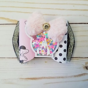 Minnie Bling Glam Shaker Disney Castle Hair Bow Rhinestone Tulle Pink and Polka Dot Clip Headband