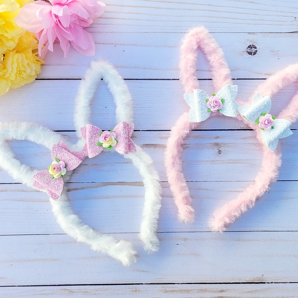 Fur Bunny Ear Headband with Piggy Glitter Flower Bows White and Pink Easter Rabbit Ears