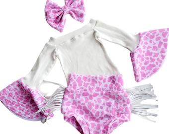 Pink Cow Fringe Bummies, Bell Sleeve Leotard, and Bow Outfit, Cowgirl outfit, Western, Rodeo, Cow Print, Bow, Head wrap