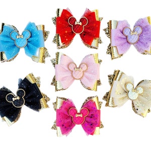Minnie Jewel Gold Tulle Hair Bows, Glitter Bow, Disney Hair Bow, Girls bow, Baby bow, Clip, Headband