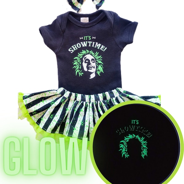 Beetlejuice Skirted Bloomers Glow in the Dark Outfit, Top, and Bow, Shirt, Skirt, Halloween Baby, Girls Black and White stripes