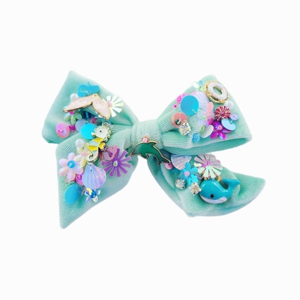 Velvet Sequin Ocean Theme Bow Mint Mermaid Whale Seahorse Buoy Charms Hand Sewn Clip Headband