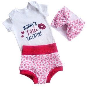 Valentine&#39;s Bummies, Top, and Bow Outfit, Personalized Mommy&#39;s Little Valentine, Lips, Kiss, Girls outfit, Baby Outfit