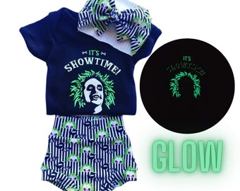 Beetlejuice Bummies Outfit Glow in the Dark  Shorts Diaper Cover Bloomers Shirt Top Bow Head wrap Piggy tail bow Halloween