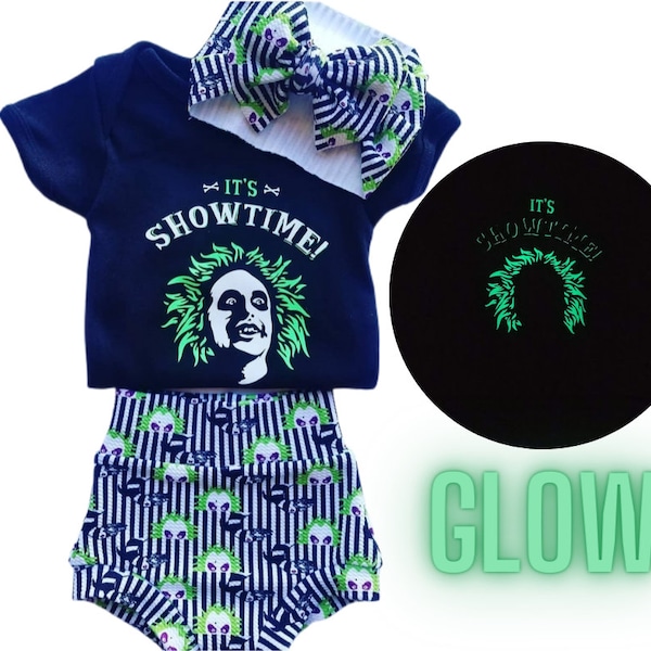 Beetlejuice Bummies Outfit Glow in the Dark  Shorts Diaper Cover Bloomers Shirt Top Bow Head wrap Piggy tail bow Halloween