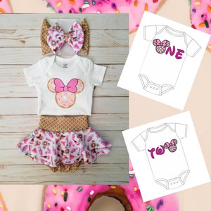 Minnie Donut Skirted Bummies Outfit Top Bow Head wrap Disney Snacks Birthday Shirt