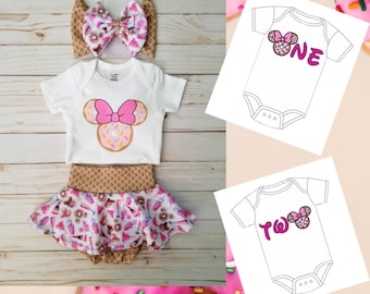 Minnie Donut Skirted Bummies Outfit Top Bow Head wrap Disney Snacks Birthday Shirt