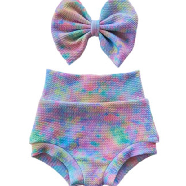 Pastel Tie Dye Bummies and Bow set Shorts Bloomers Diaper cover Head wrap Headband