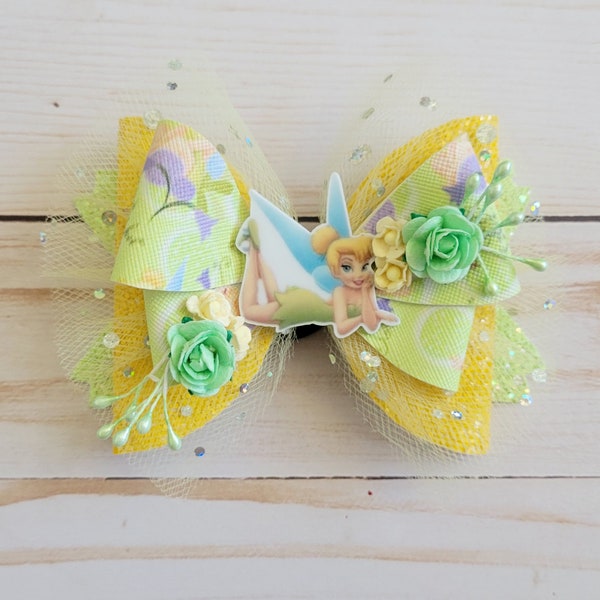 Tinkerbell Hair Bow Yellow Green Fairy Flowers Headband Clip