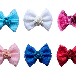 Könnte beinhalten: Sechs verschiedene Spitzenhaarbänder mit Blumenakzent. Die Schleifen sind in Blau, Weiß, Rosa, Rot und zwei Rosatönen.