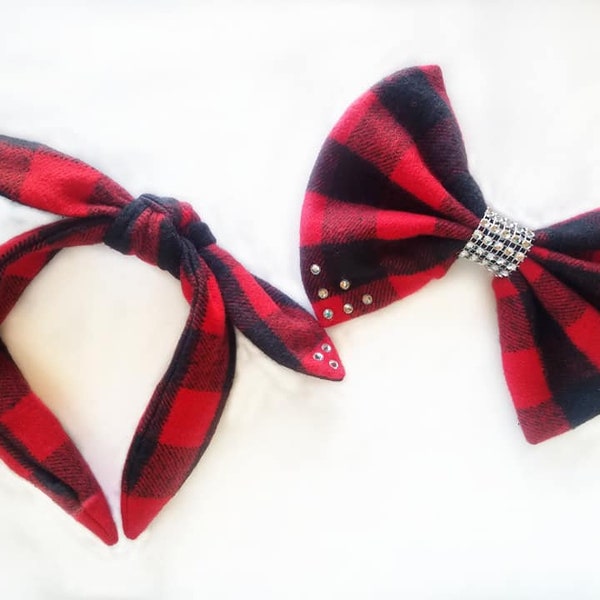 Mommy and Me Buffalo Plaid Jumbo Bow and Knotted Bow Headband Bling Set Red and Black Checkered Big Bow Rhinestones