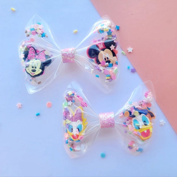 Noeud pour cheveux Shaker Mickey Minnie Donald Daisy, noeud Disney, noeud transparent rempli de saupoudrage, noeud pour fille, noeud pour bébé, bandeau