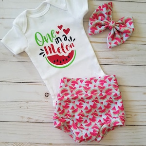 Watermelon Bummies Outfit shorts bloomers diaper cover Watermelon shirt Bow Baby toddler girl