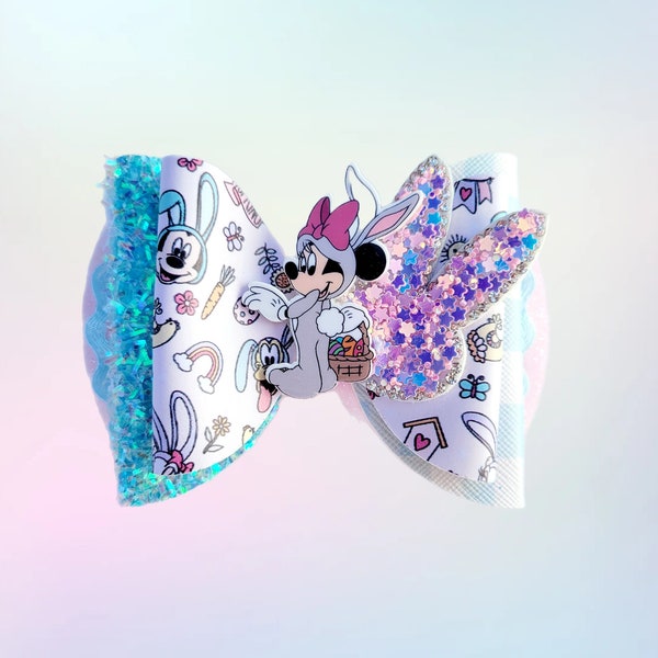 Noeud pour cheveux de lapin de Pâques Minnie, noeud scintillant, noeud pastel, noeud en tulle, bleu, rose, noeud de Pâques Disney, noeuds fille, bébé, serre-tête