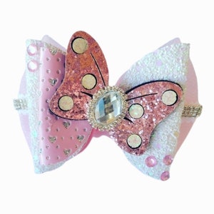 Minnie Bow Hair Bow Bling Rhinestone Pink Glitter Tulle Bow Clip Headband Disney