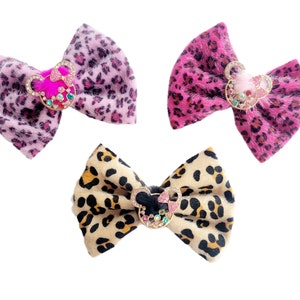 Minnie Bling Cheetah Leopard Velvet Hair Bows Animal Kingdom Girls Bow Baby Bow Headband