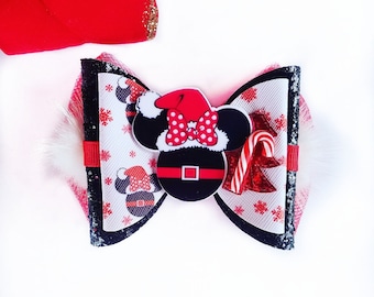 Minnie Mouse Santa Bow Disney Christmas Candy Cane Tulle Glitter Hair bow Headband Baby Girls Adult