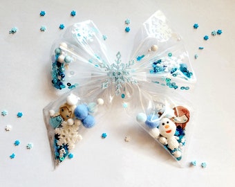 Frozen Shaker Hair Bow Anna Elsa Transparent Sequin filled Bow Disney Bow Clip Headband