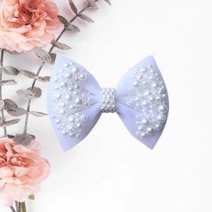 Tulle Pearl Filled Shaker Hair Bow, Bridal Bow, Flower Girl Bow, White Wedding Bow